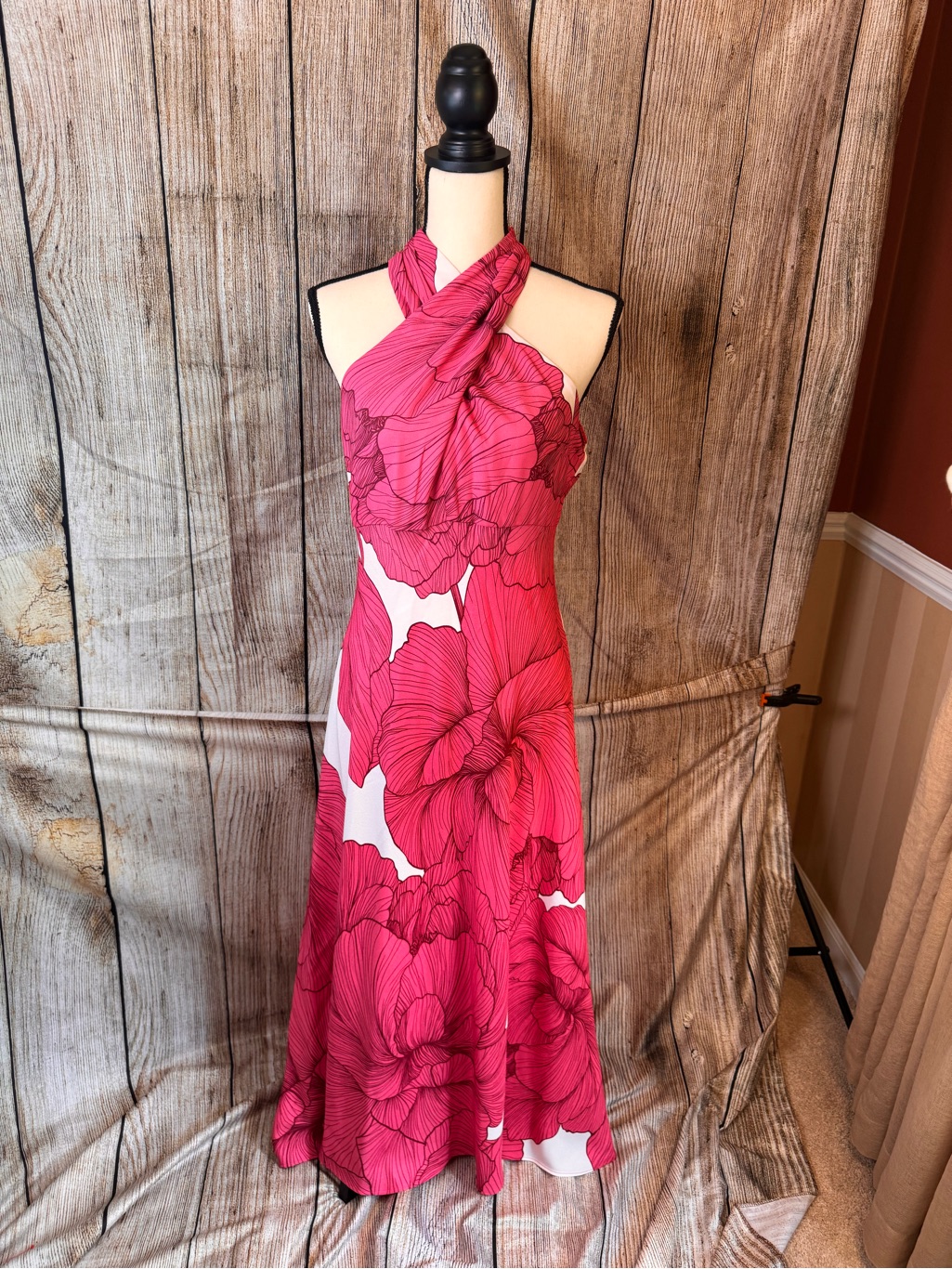 Brand New Donna Karan Hot Pink & White Floral Halter Maxi Dress